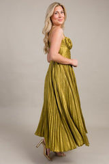 Chartreuse Satin Pleated Midi Dress