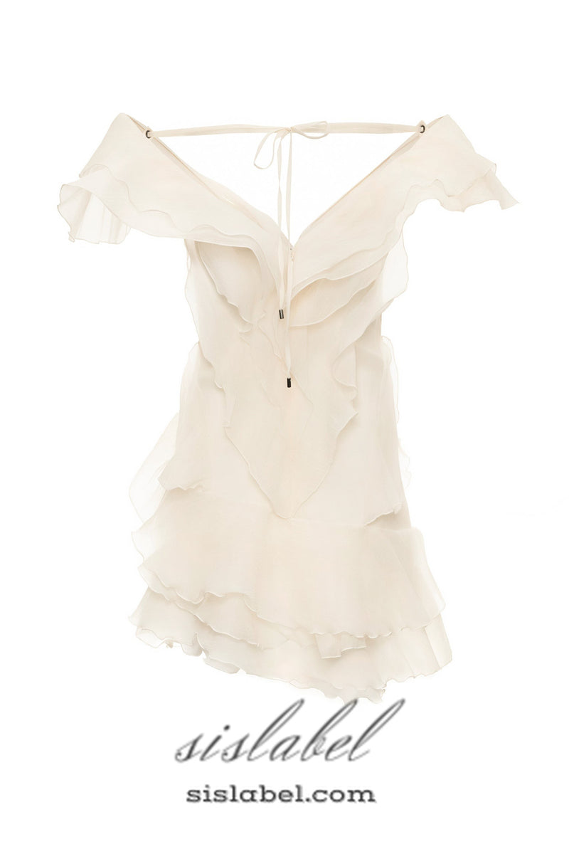 SABRINA RUFFLE LAYERS STRAPLESS MINI DRESS IN BEIGE