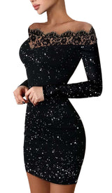 LACE STITCHING GLITTER MINI DRESS IN BLACK