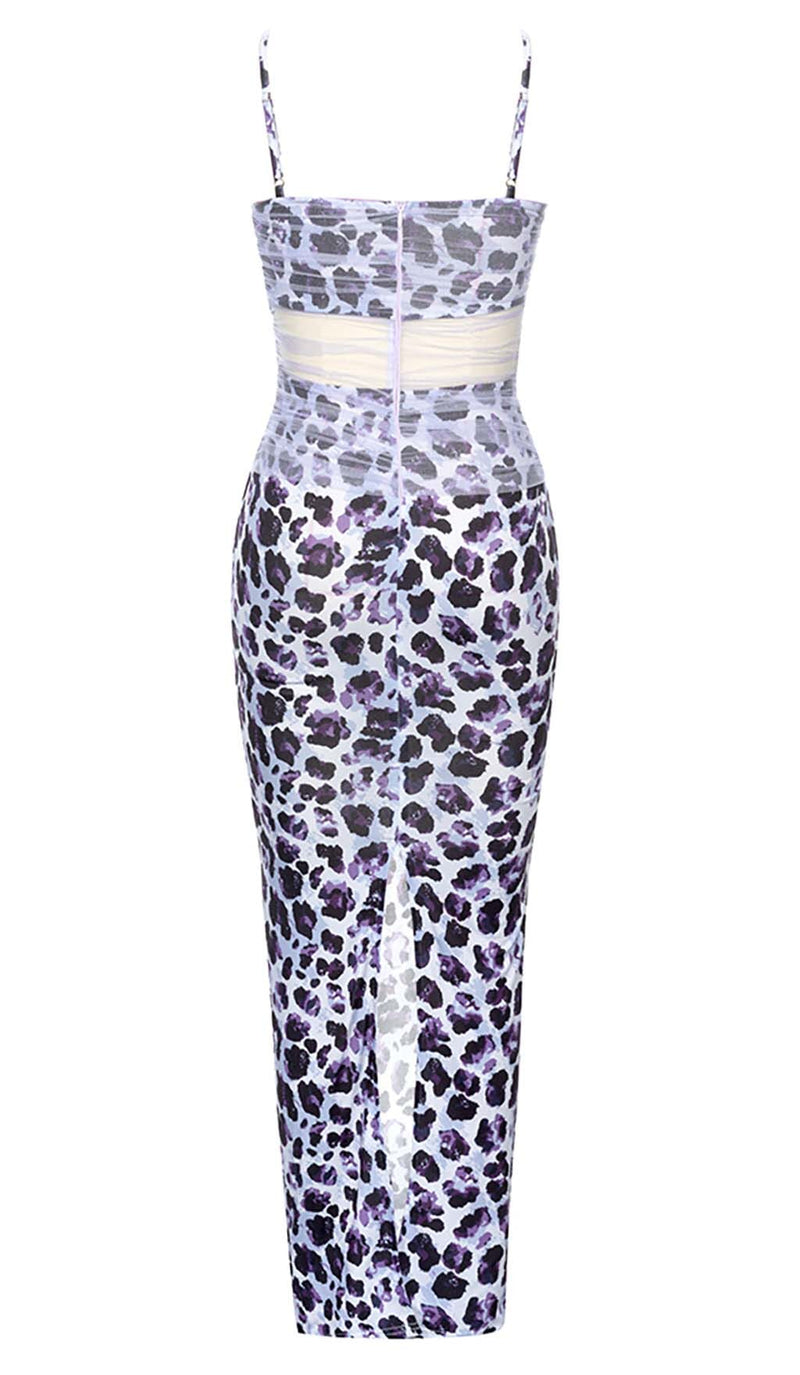 LEOPARD OUT MESH MIDI DRESS IN LAVENDER