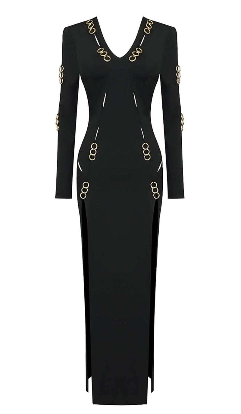 LONG SLEEVE EMBELLISHED MAXI DRESS IN BLACK