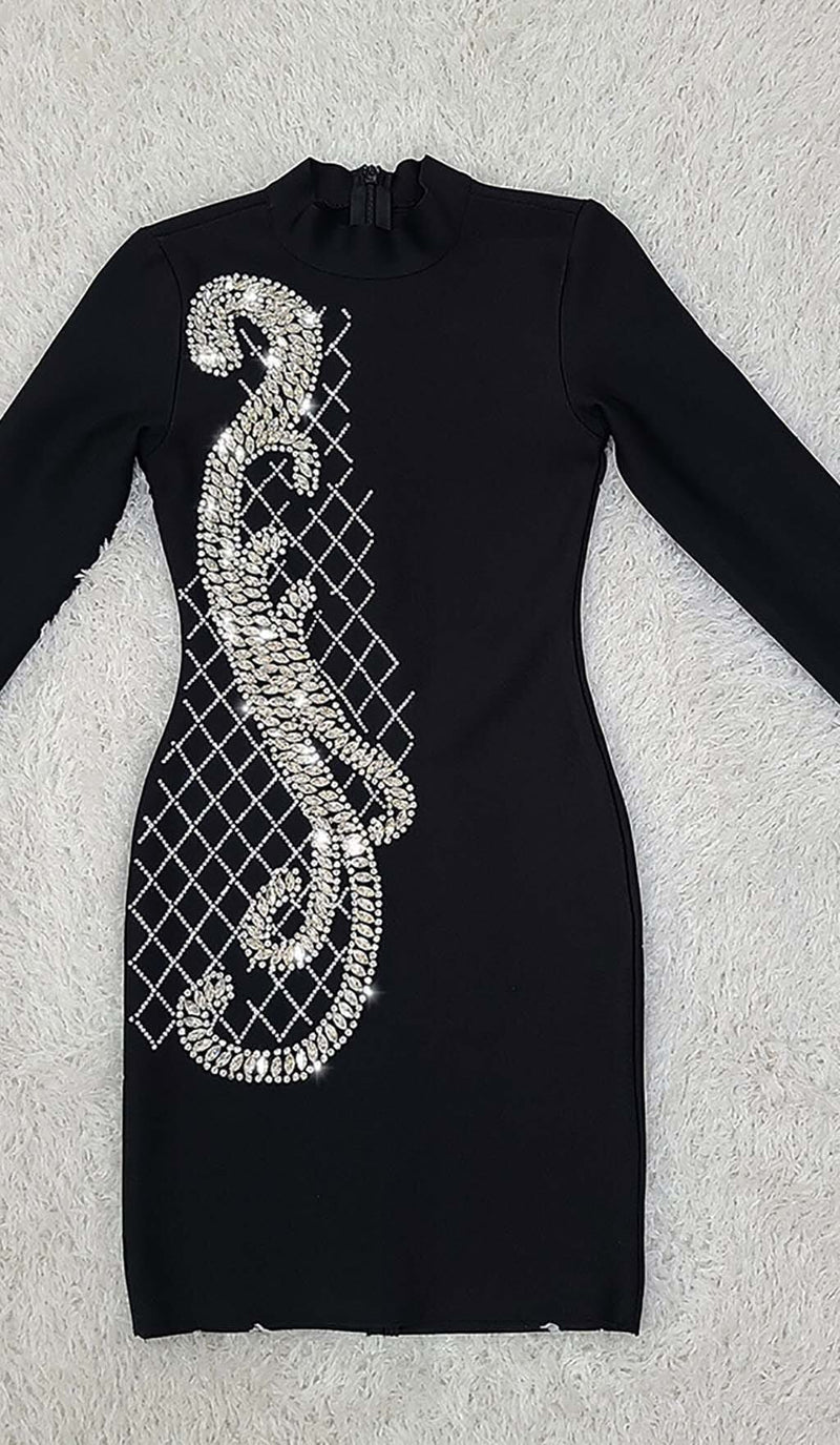 LONG SLEEVE EMBROIDERED MINI DRESS IN BLACK