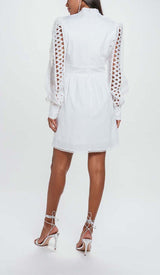 LONG SLEEVE EYELET EMBELLISHMENT MINI DRESS IN WHITE