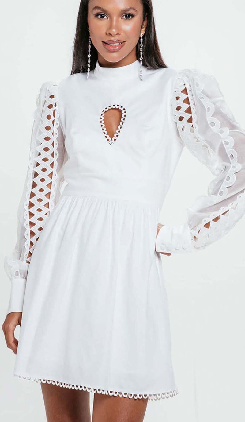 LONG SLEEVE EYELET EMBELLISHMENT MINI DRESS IN WHITE