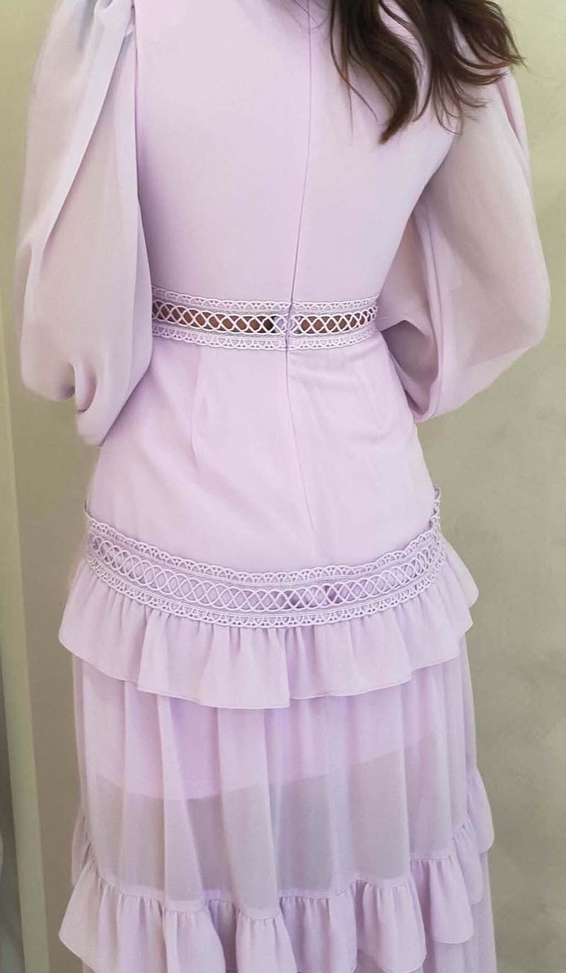 LONG SLEEVE RUFFLE MAXI DRESS IN LILAC