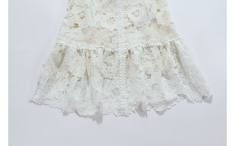 WHITE SPAGHETTI STRAP LACE MINI A-LINE DRESS