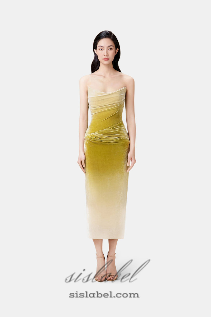 ruched velvet strapless midi dress in green gradient