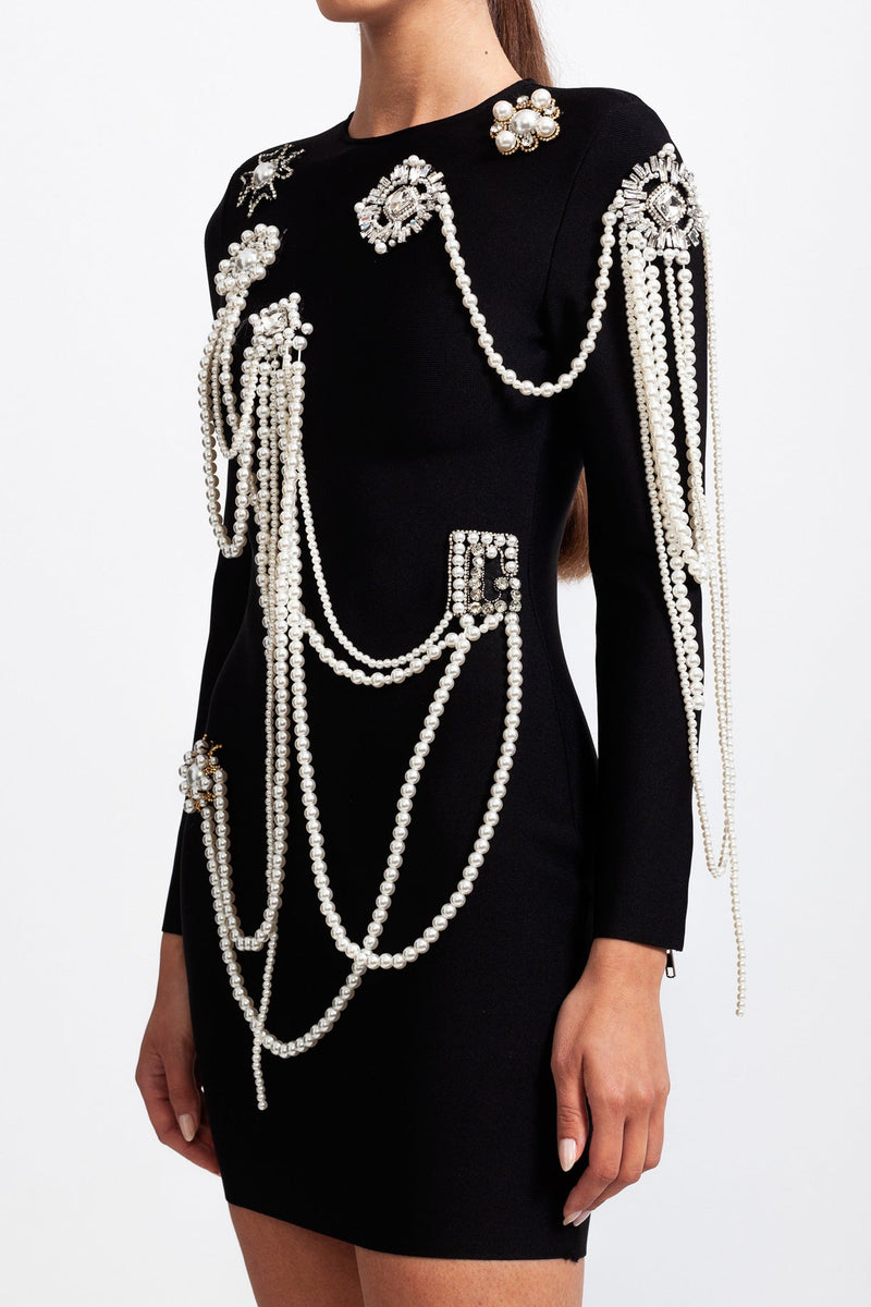 Long Sleeve Diamond Pearls Dress - Black