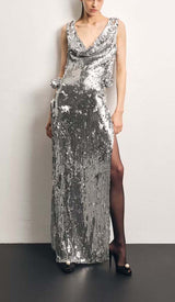 MBELLISHED V-NECK COLUMN GOWN IN SILVER