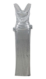 MBELLISHED V-NECK COLUMN GOWN IN SILVER