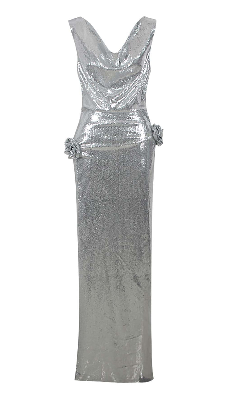 MBELLISHED V-NECK COLUMN GOWN IN SILVER