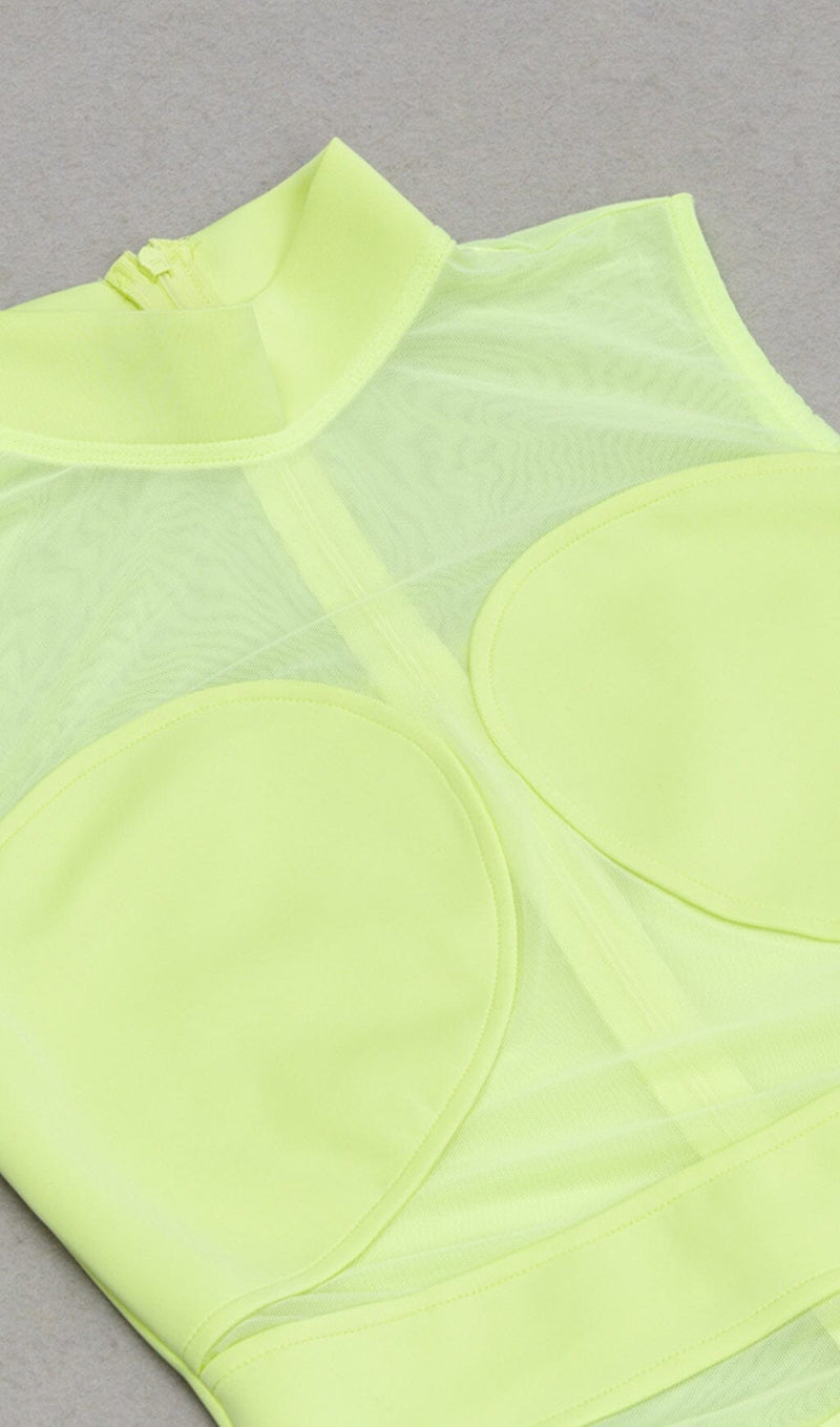 MESH RUCHED MIDI DRESS IN CHARTREUSE