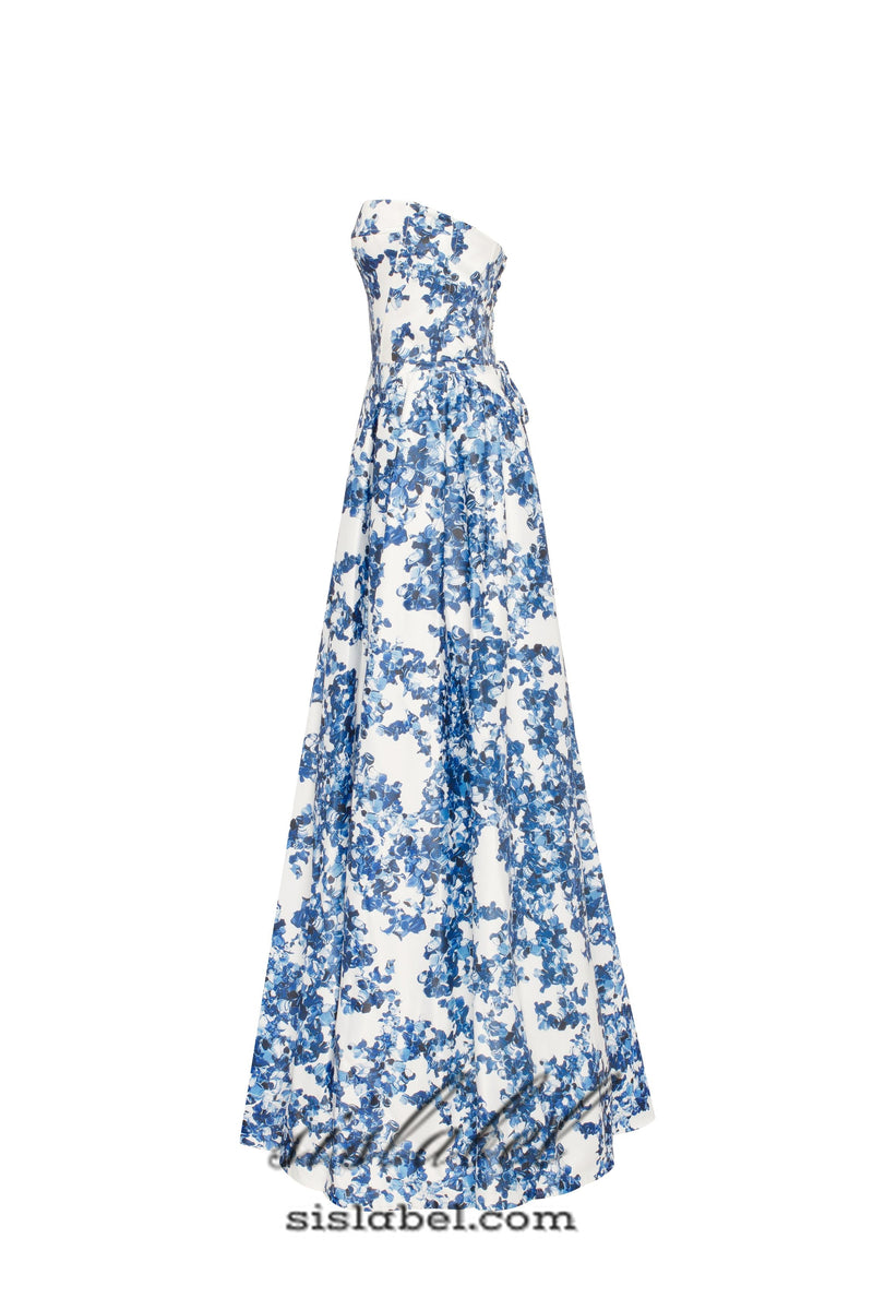 LETITIA BLUE HYDRANGEA STRAPLESS MAXI DRESS