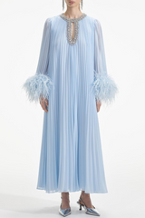 Manja Diamante Chiffon Feather Maxi Dress - Blue