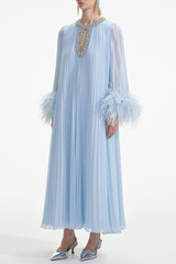 Manja Diamante Chiffon Feather Maxi Dress - Blue