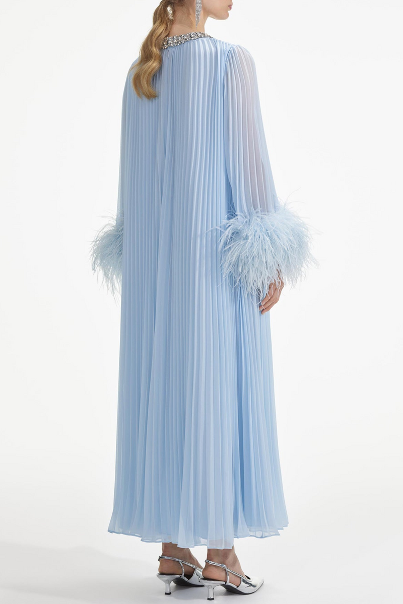 Manja Diamante Chiffon Feather Maxi Dress - Blue