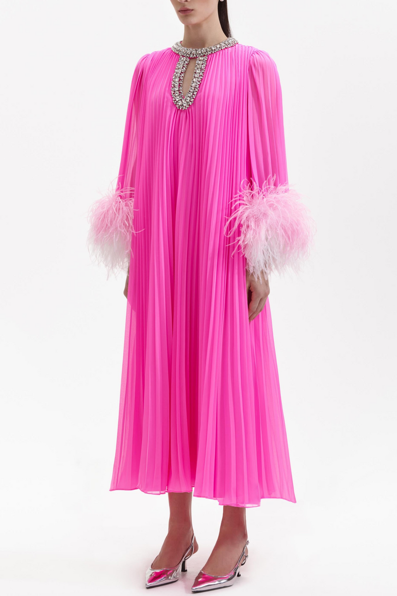 Manja Diamante Chiffon Feather Maxi Dress - Pink