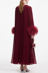 Manja Diamante Chiffon Feather Maxi Dress - Red