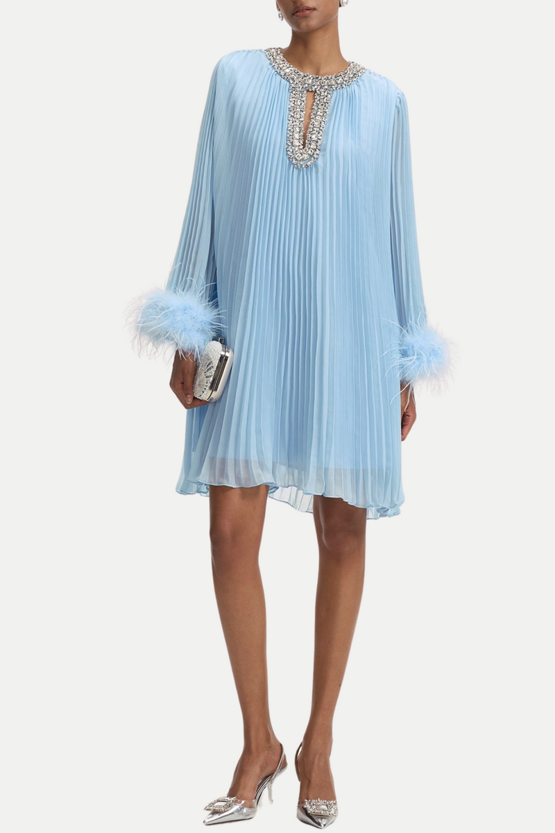 Manja Diamante Chiffon Feather Mini Dress - Blue