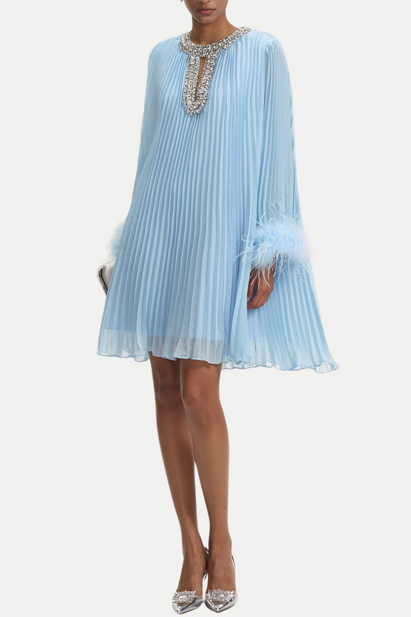 Manja Diamante Chiffon Feather Mini Dress - Blue