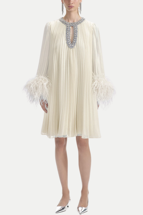 Manja Diamante Chiffon Feather Mini Dress - White