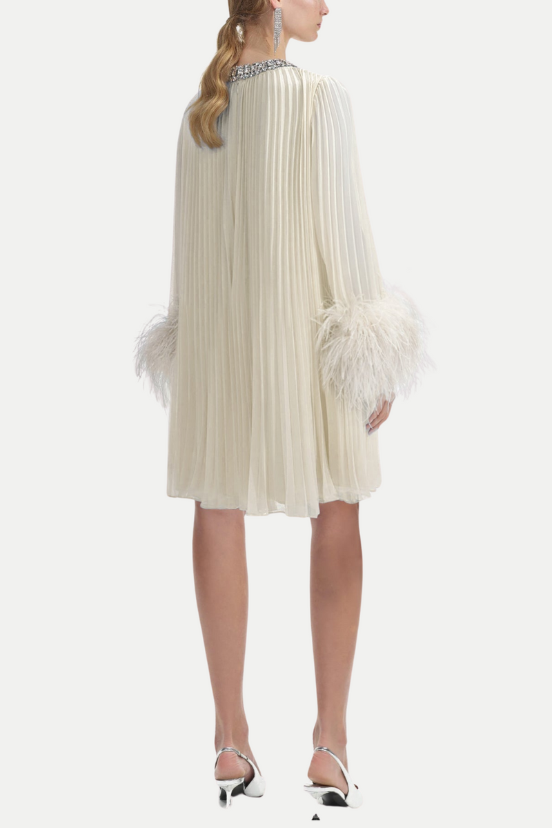 Manja Diamante Chiffon Feather Mini Dress - White