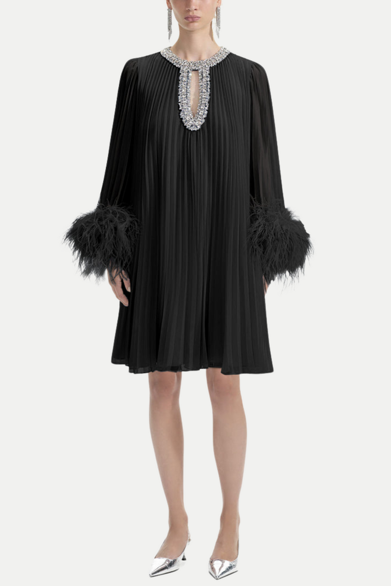 Manja Diamante Chiffon Feather Mini Dress - Black