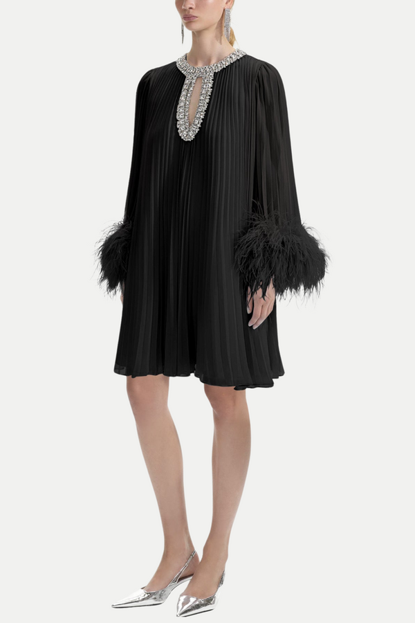 Manja Diamante Chiffon Feather Mini Dress - Black