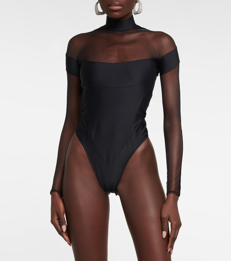 SCHWARZER BODYSUIT MIT ILLUSION-AUSSCHNITT