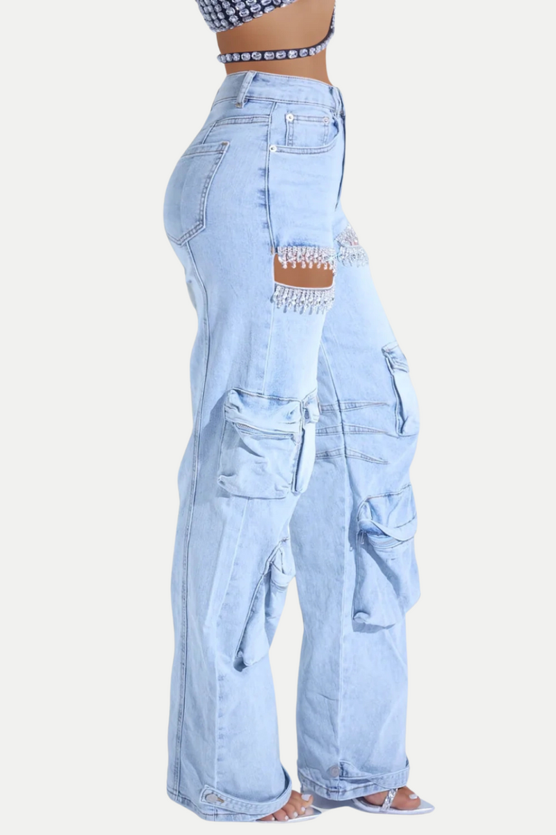 Rhinestone Cutout Cargo Jeans in Blue