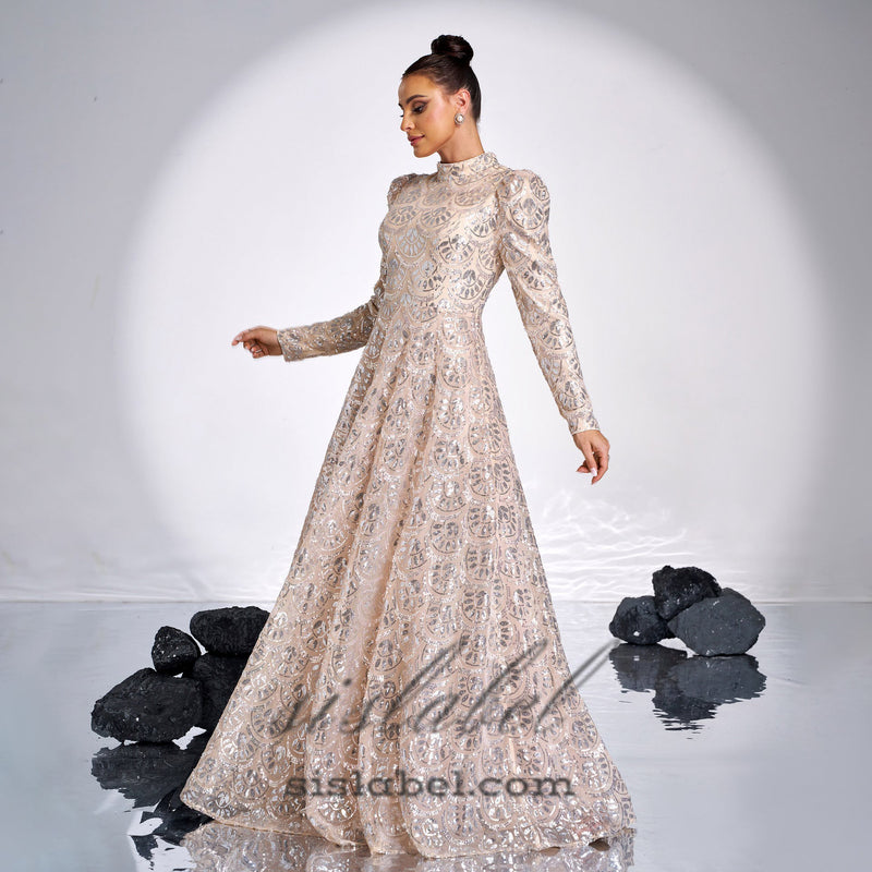 Long Sleeve Lace Back Sequin maxi Dress in gold