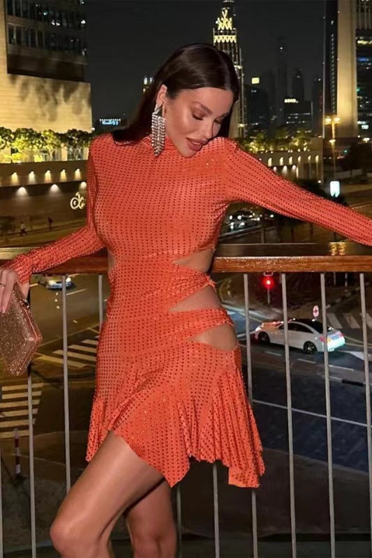 IRENE RHINESTONES EMBELLLISHED MINI DRESS IN ORANGE