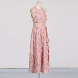 ROSETTE TULLE SATIN WOVEN BELT MIDI DRESS IN PINK