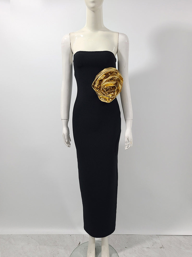 EILEEN BLACK STRAPLESS GOLD ROSE EMBELLISHED MIDI DRESS