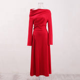 ALBERTA RED ONE SHOULDER SLIT PLEATED MAXI DRESS