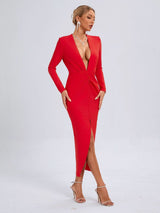 SHERRY RED V-NECK SLIT BODYCON MIDI DRESS