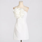 AMITY ONE-SHOULDER FLORAL-APPLIQUÉ MINI DRESS IN WHITE