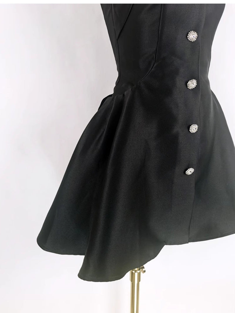 DIAMOND BUTTONED SATIN MINI DRESS IN BLACK