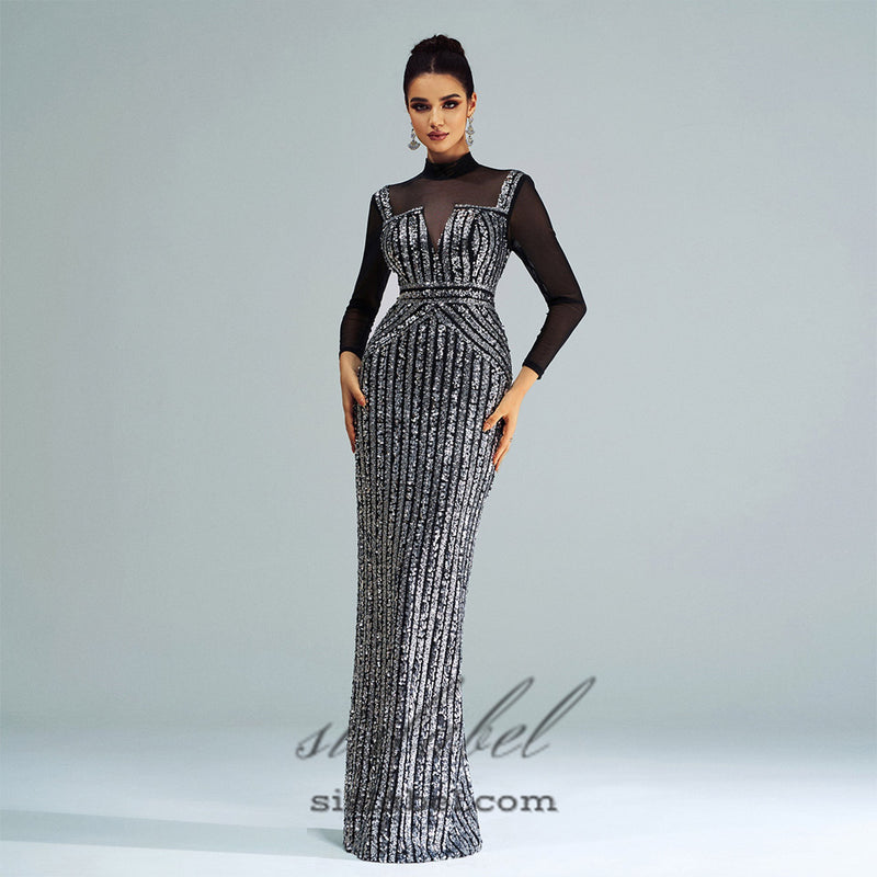 stand collar sequin panel maxi dress in black