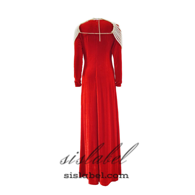 AALIYAH PEARL EMBELLISHED VELVET MAXI DRESS IN RED