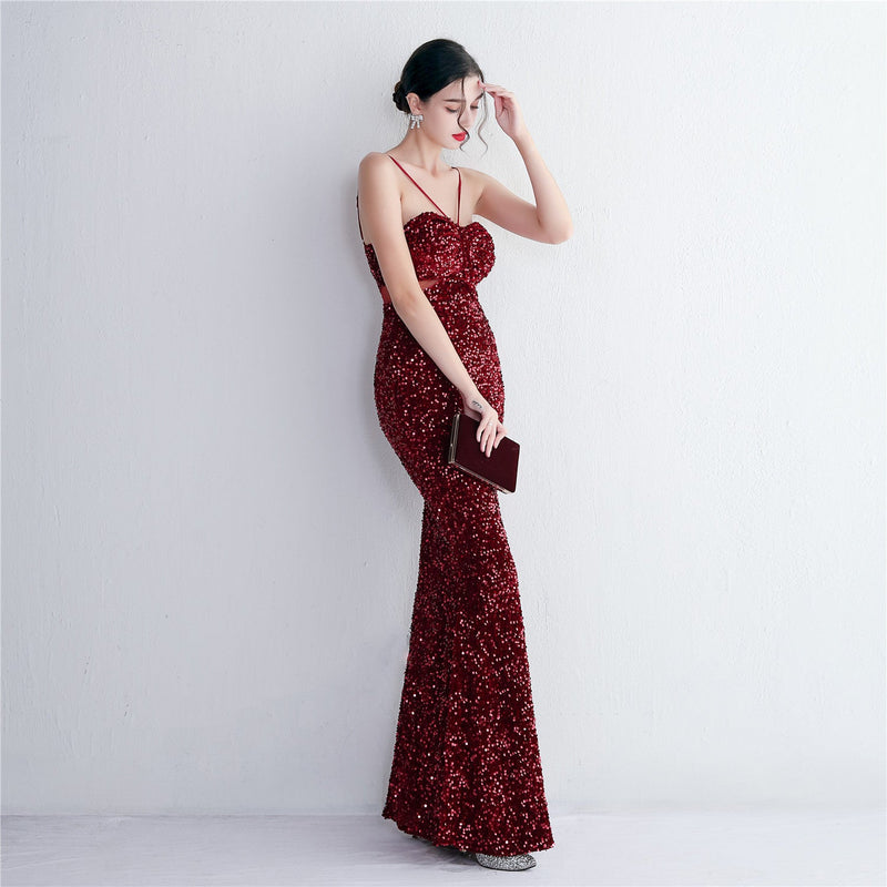 MARIAN BURGUNDY CUTOUT SEQUINS HALTER MAXI DRESS