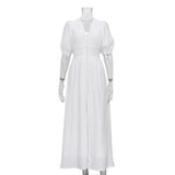 BUTTON-FRONT PUFFED SLEEVES MAXI DRESS IN WHITE