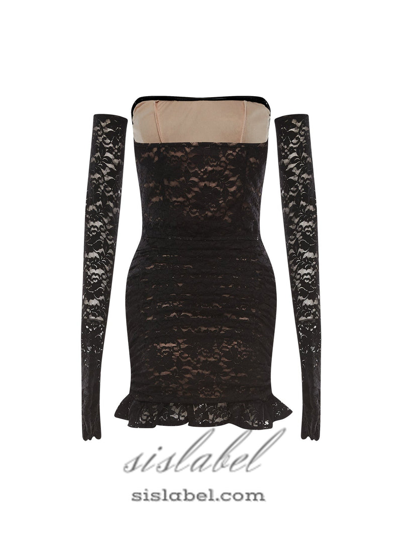 fishbone embellished lace ruffle mini dress in black