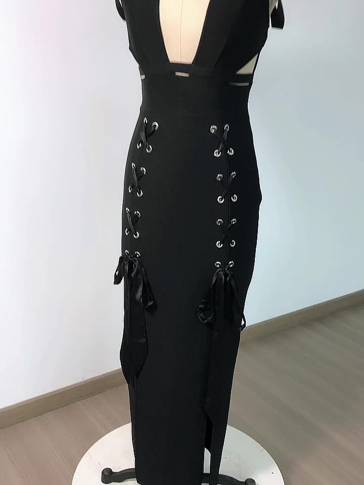 HOLLOW DOUBLE SLIT RIBBON MIDI DRESS IN BLACK