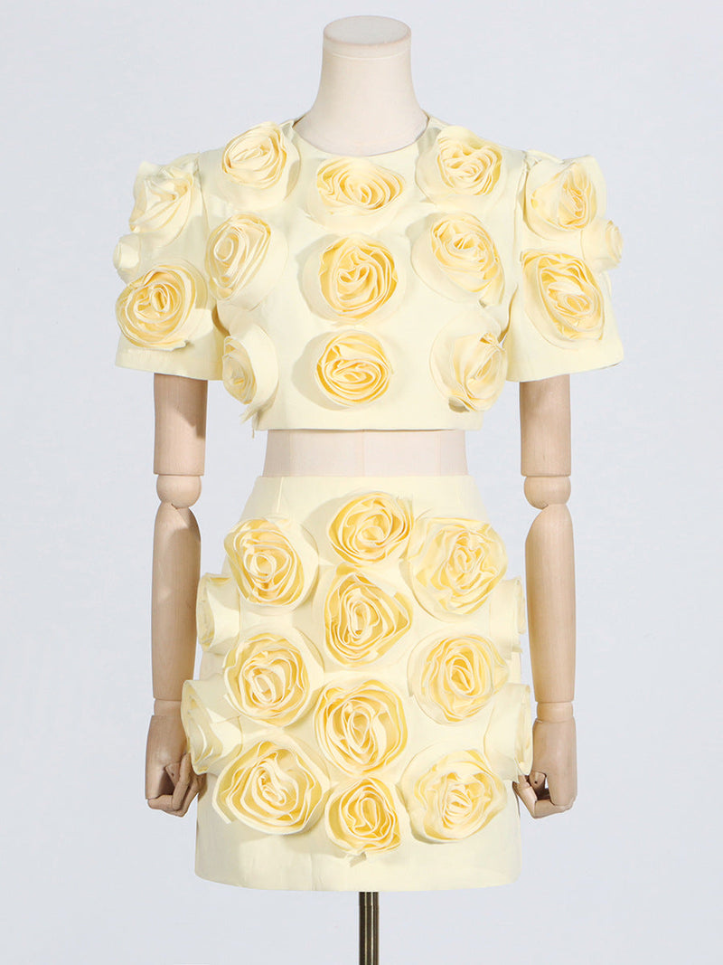 3D FLOWER BUBBLE SLEEVE TOP SKIRT SUIT IN YELLOW