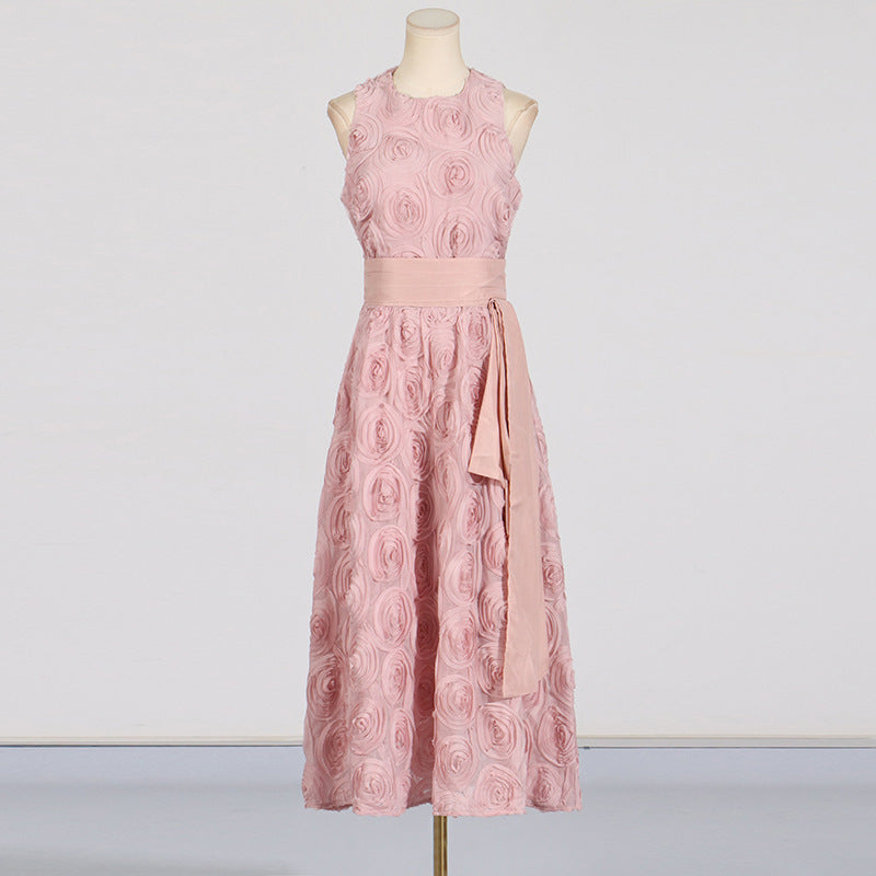 ROSETTE TULLE SATIN WOVEN BELT MIDI DRESS IN PINK