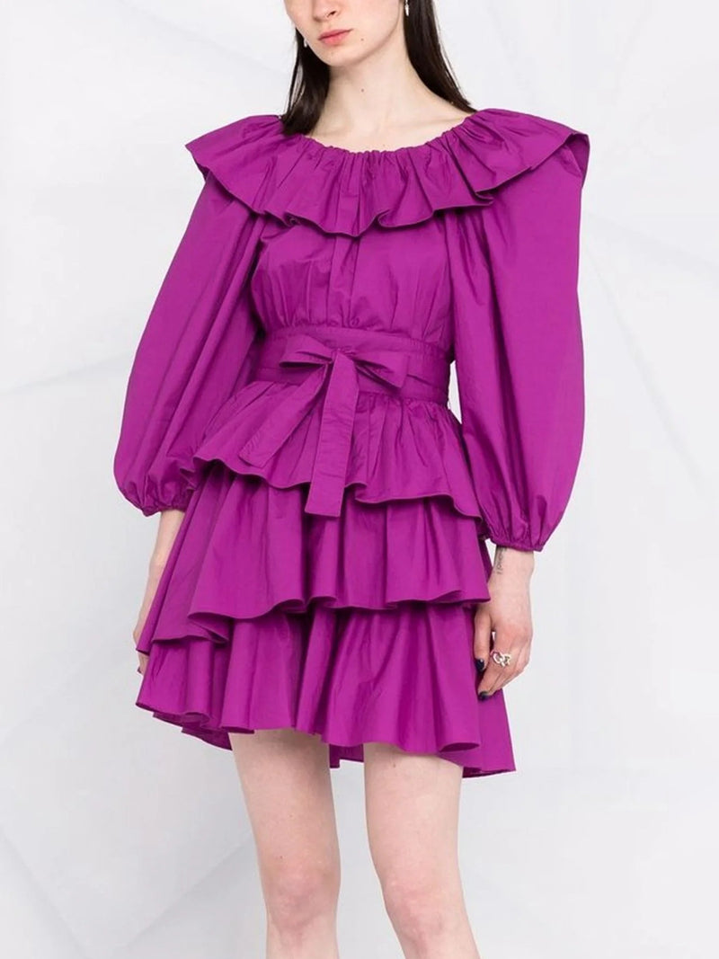 MURRAY PUFF SLEEVE RUFFLE LAYER MINI DRESS IN PURPLE