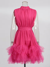 half-high-neckline tulle mini dress in pink