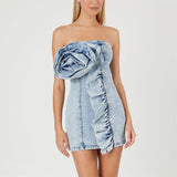 ALISON BLUE RUFFLED TRIM STRAPLESS DENIM MINI DRESS