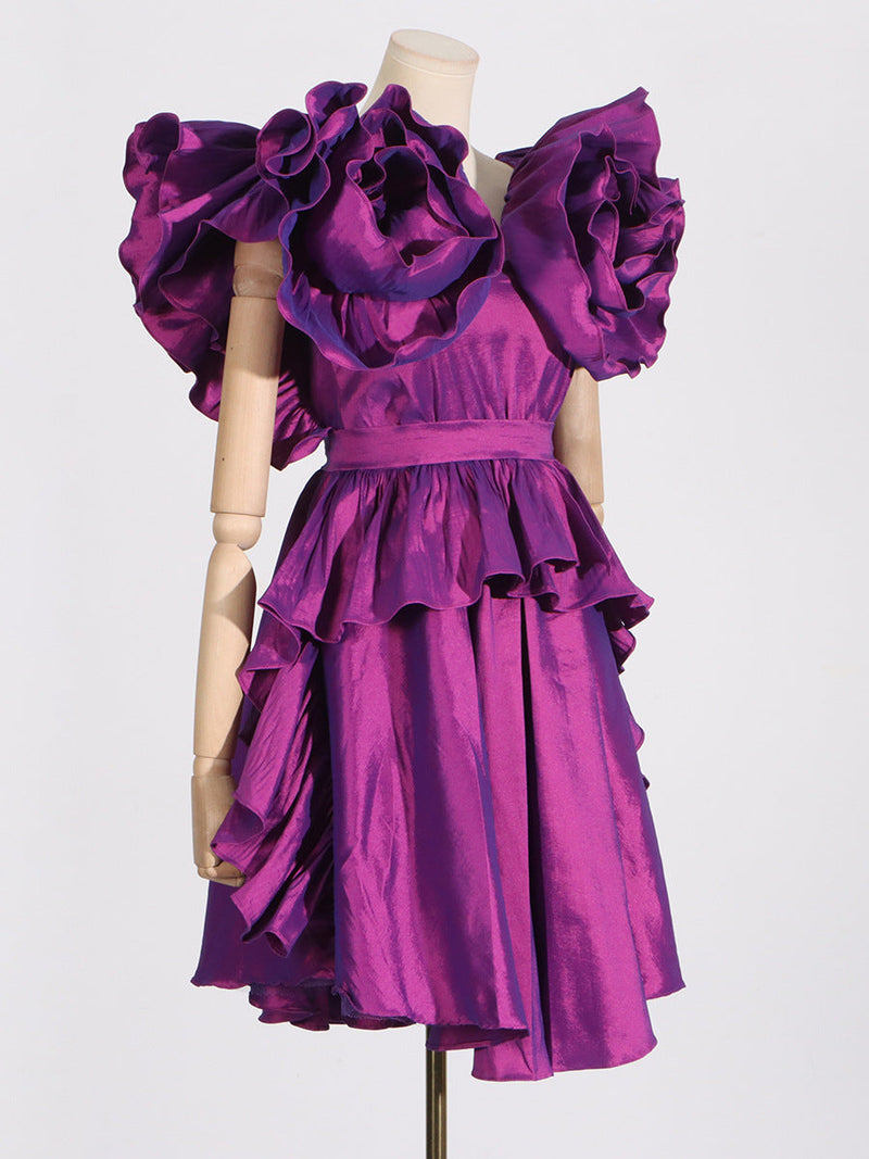 RUFFLES SATIN MINI DRESS IN PURPLE